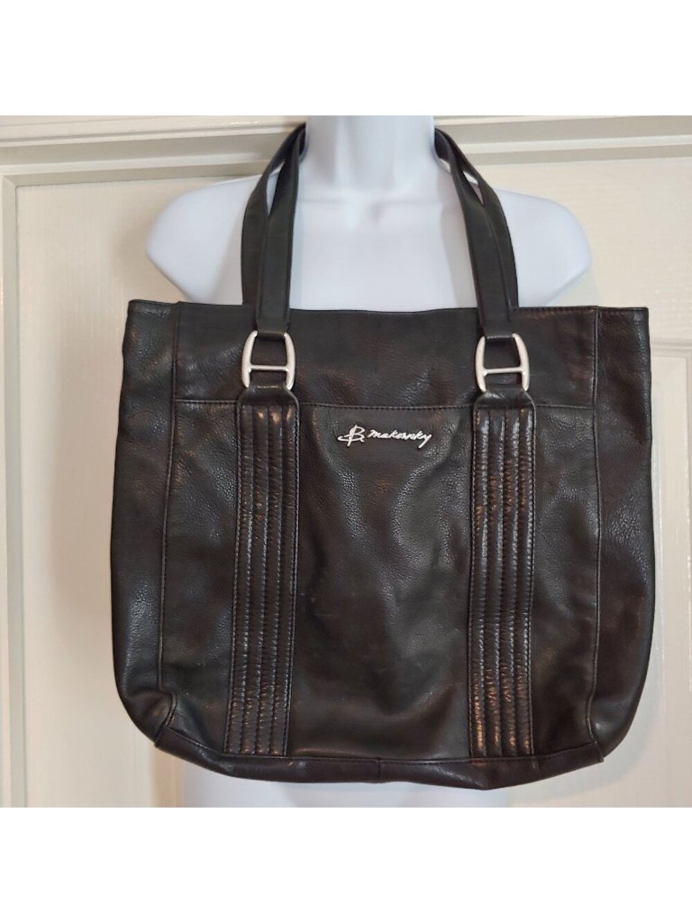 B Makowsky Black Leather Tote Shoulder Bag Silver Hardware Large Shopper